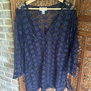 J Valdi Navy Blue Crochet Lace Swim Cover Up Tunic V-Neck 238314JV Mens Medium